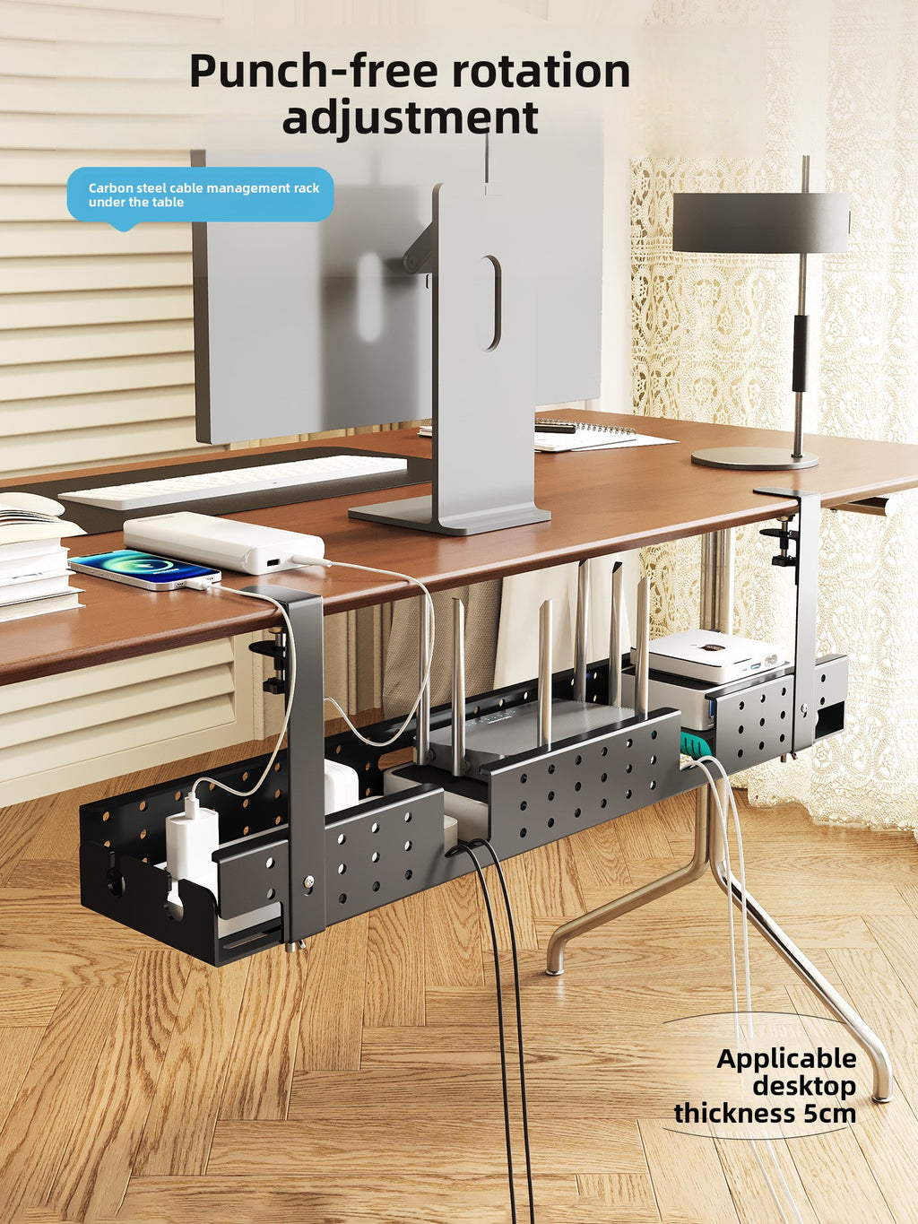 Drill-free under-desk cable organizer amah.sa
