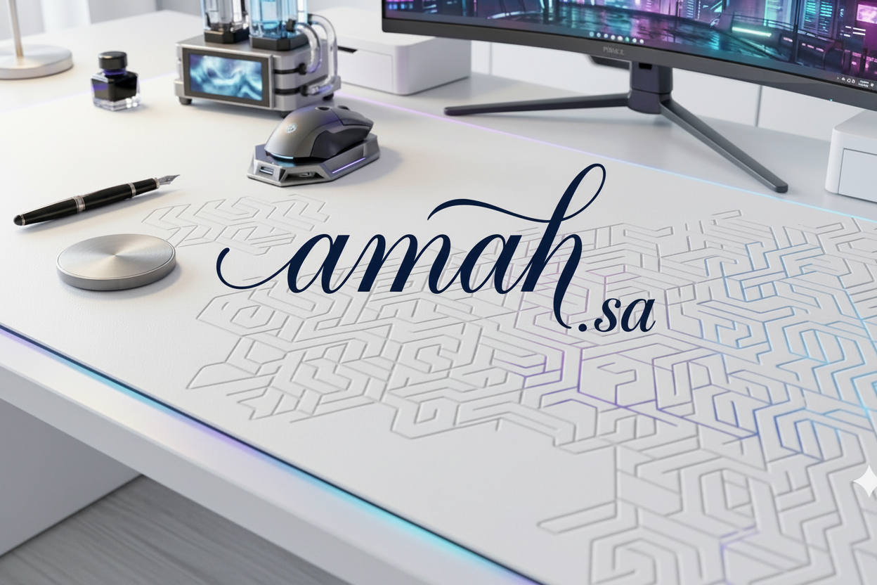 Desk setup with computer monitor, keyboard, and office supplies on a white desk mat with 'amah.sa' branding.
